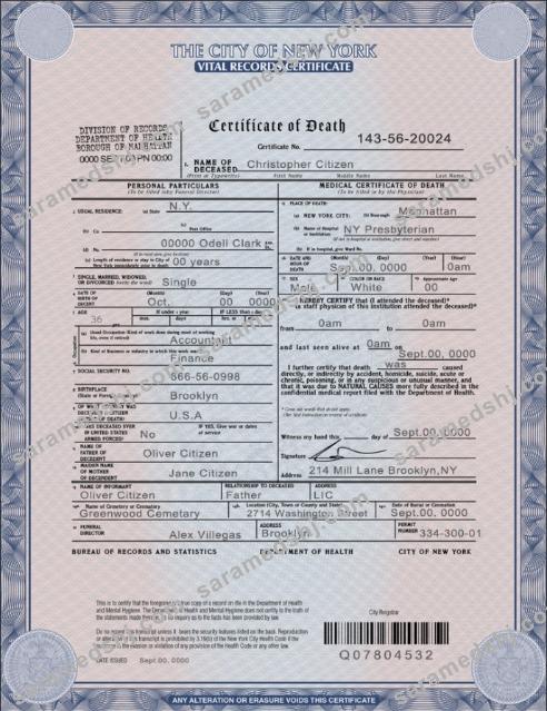 USA New York state death certificate template in PSD format
